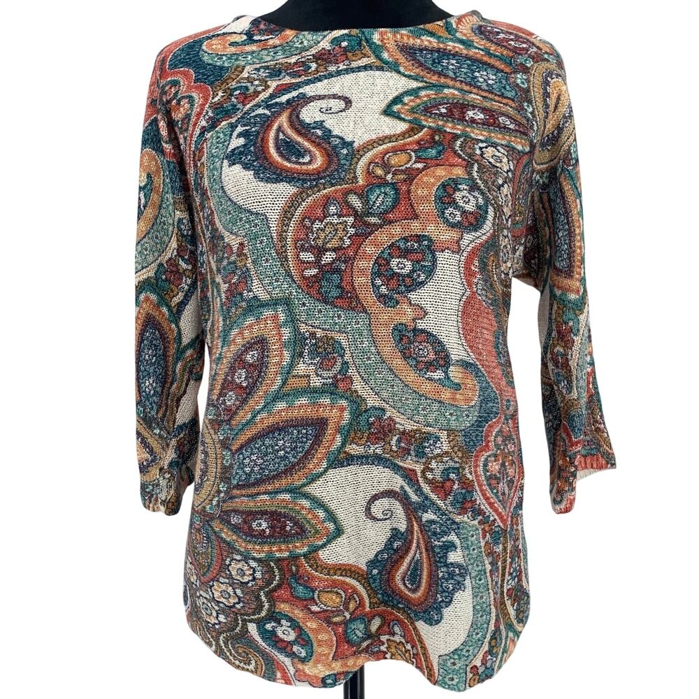 Chico's Cross Back Shirt Womens Size 1 Medium Brown Blue Paisley 3/4 Sleeve Boho